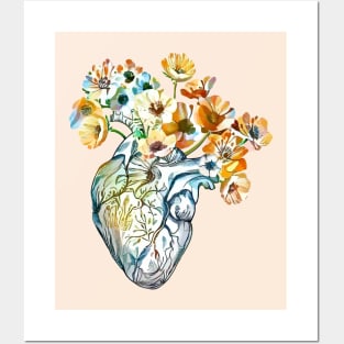 Human heart, watercolor wild flowers, floral, plant lovers, Heart, anatomical heart Posters and Art